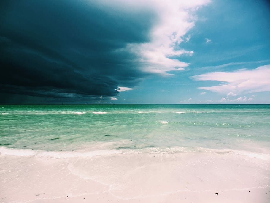 clear white sand beach under cloudy sky, body of water, sea, storm HD wallpaper