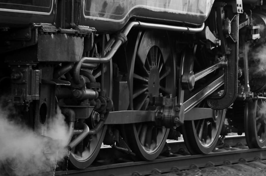grayscale photography of train wheels, locomotive, steam, power