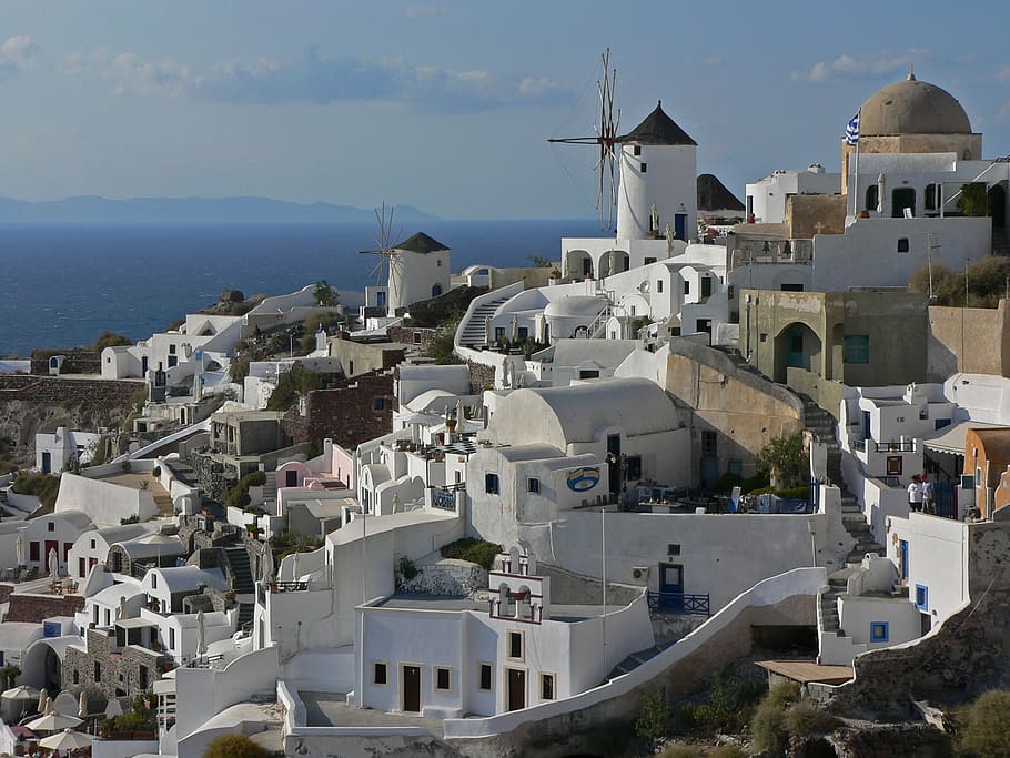 santorini, windmill, architecture, building exterior, built structure HD wallpaper