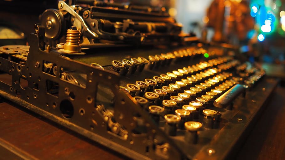 typewriter, steampunk, model, technology, machinery, indoors HD wallpaper