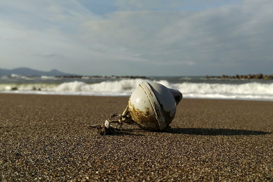 sky, cloud, sea, beach, wave, jetsam, ball, sand, land, nature HD wallpaper