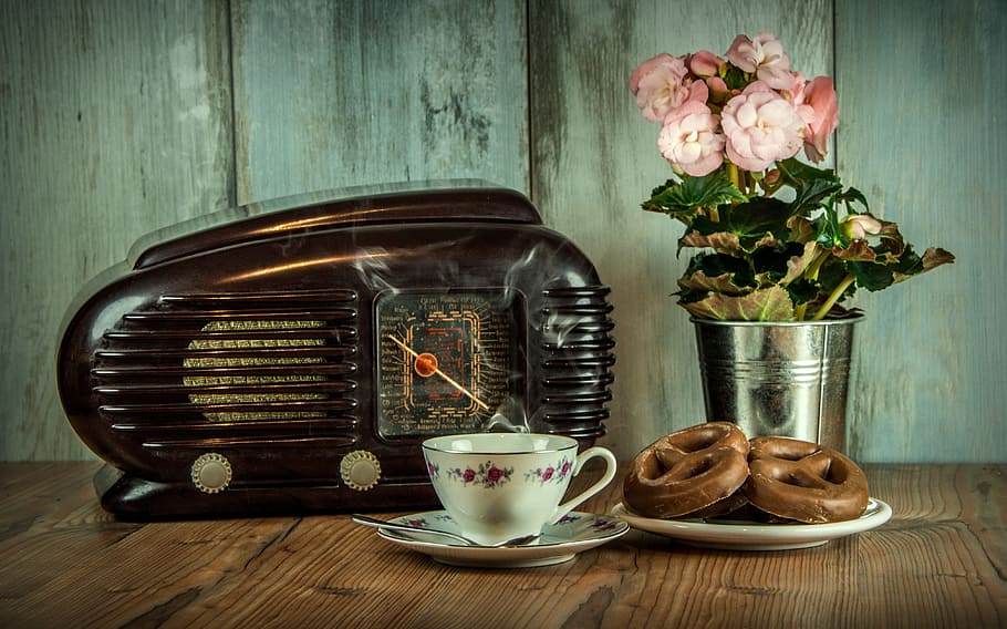 white ceramic cup and saucer, retro, radio, old, historical, still life