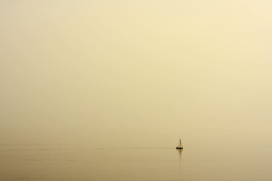 white sailboat on water at daytime, fog, ship, yellow, powder HD wallpaper