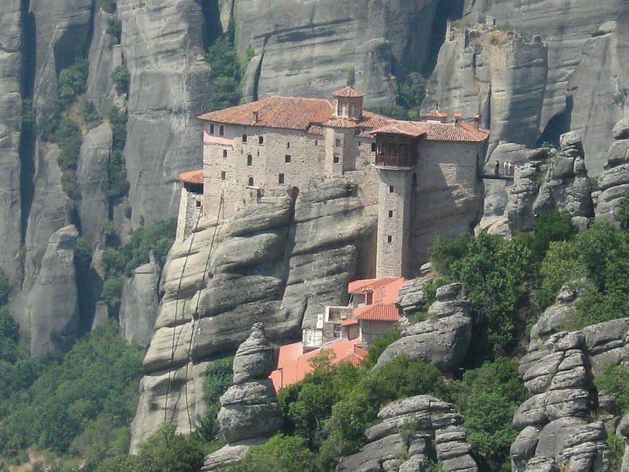 meteora, monastery, greece, rocks, architecture, built structure HD wallpaper
