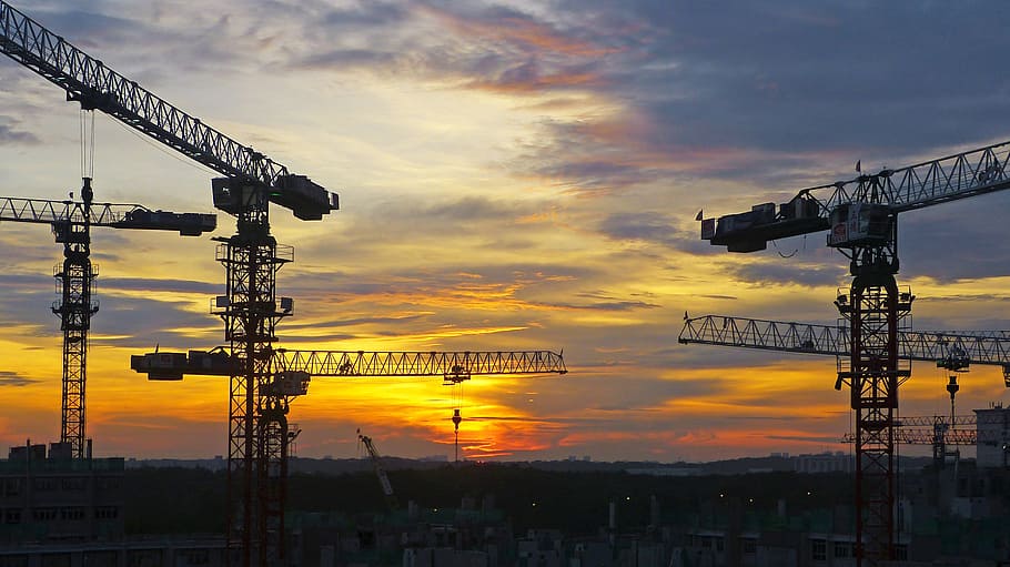 construction crane during sunset, singapore, silhouettes, skyline, HD wallpaper