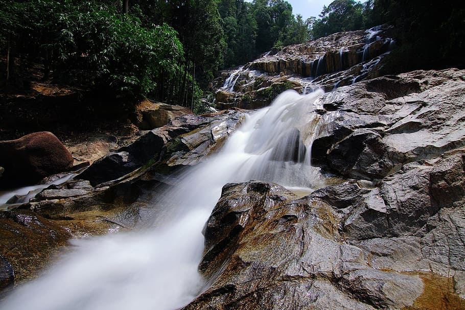 running water from waterfall, stream, nature, green, landscape HD wallpaper