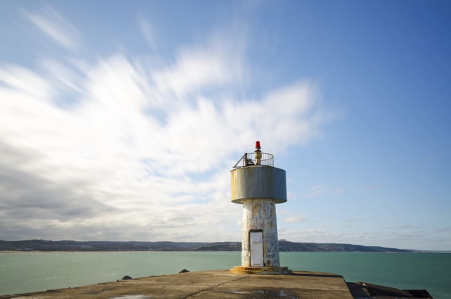 lighthouse, scenery, sky, ocean, sea, water, clouds, beacon HD wallpaper