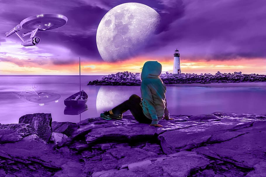 moon, sky, water, sunset, evening, travel, planet, landscape HD wallpaper