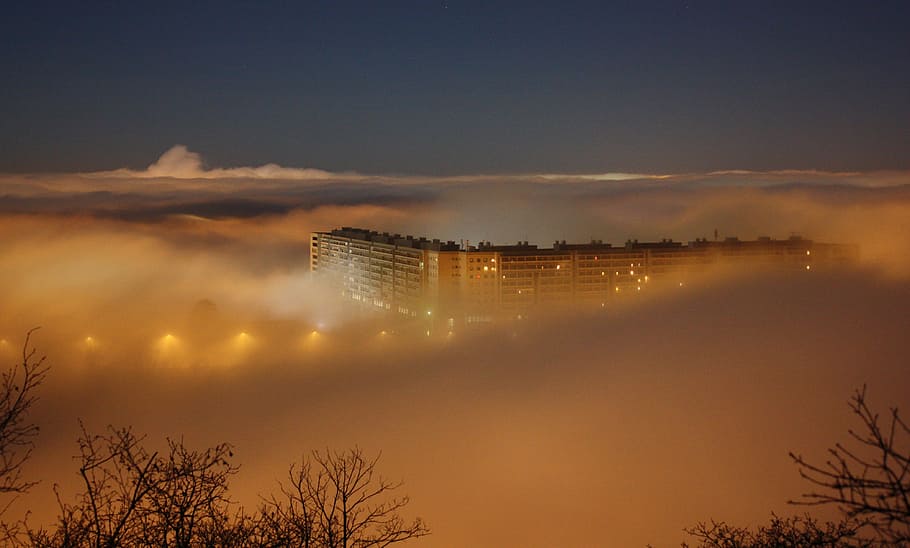 building covered with fogs, night, dark, clouds, condominium HD wallpaper
