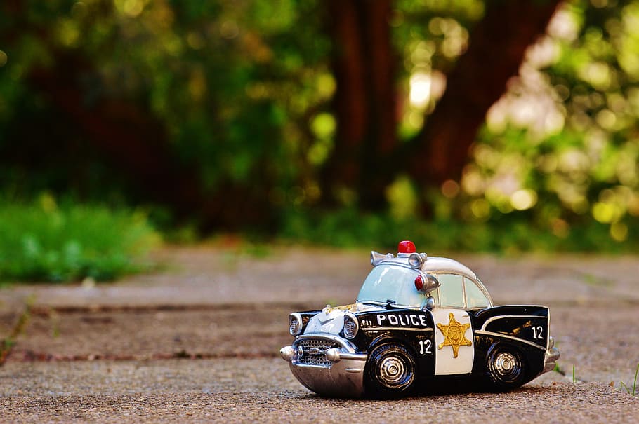 selective focus photography of white and black police car toy on ground near trees