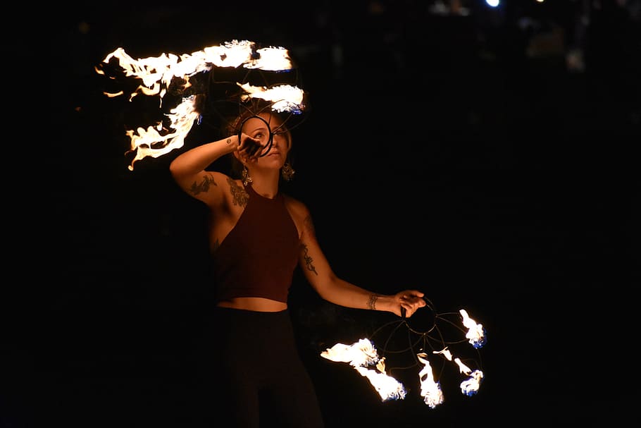fire, performer, fire performer, performance, night, dance HD wallpaper