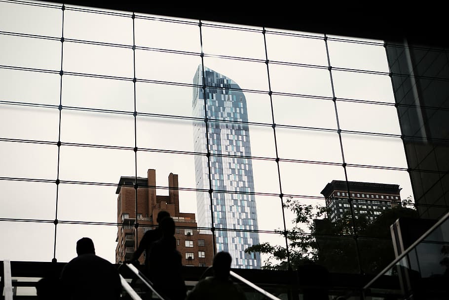 skyscrapper seeing through window, group, people, near, building HD wallpaper