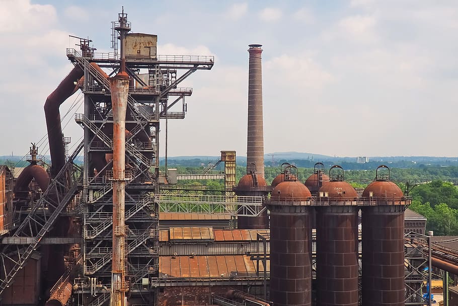brown oil tank refinery, architecture, steel mill, factory building
