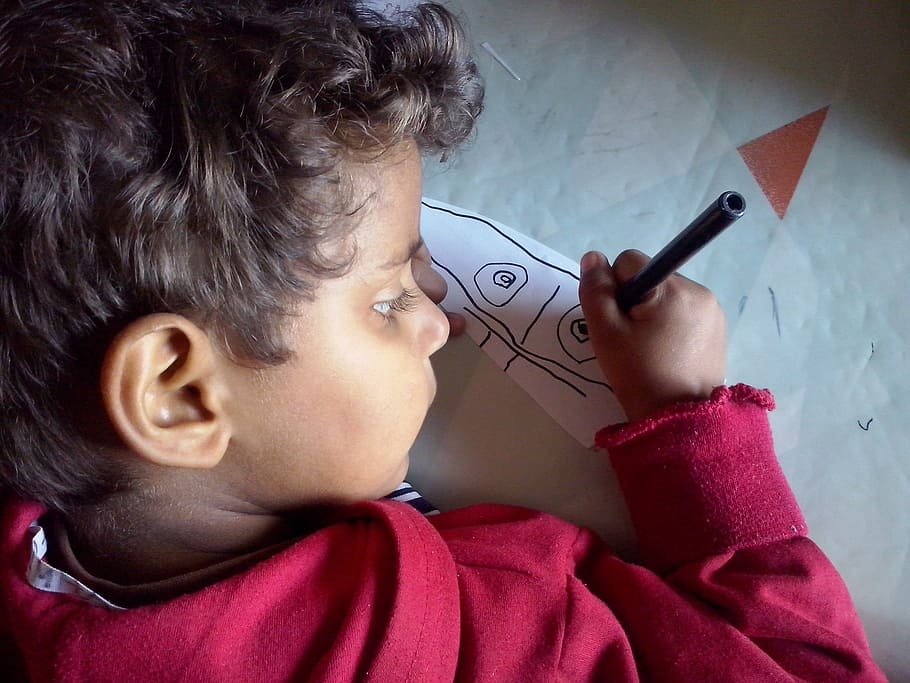 child, drawing, pencil, childhood, one person, real people HD wallpaper