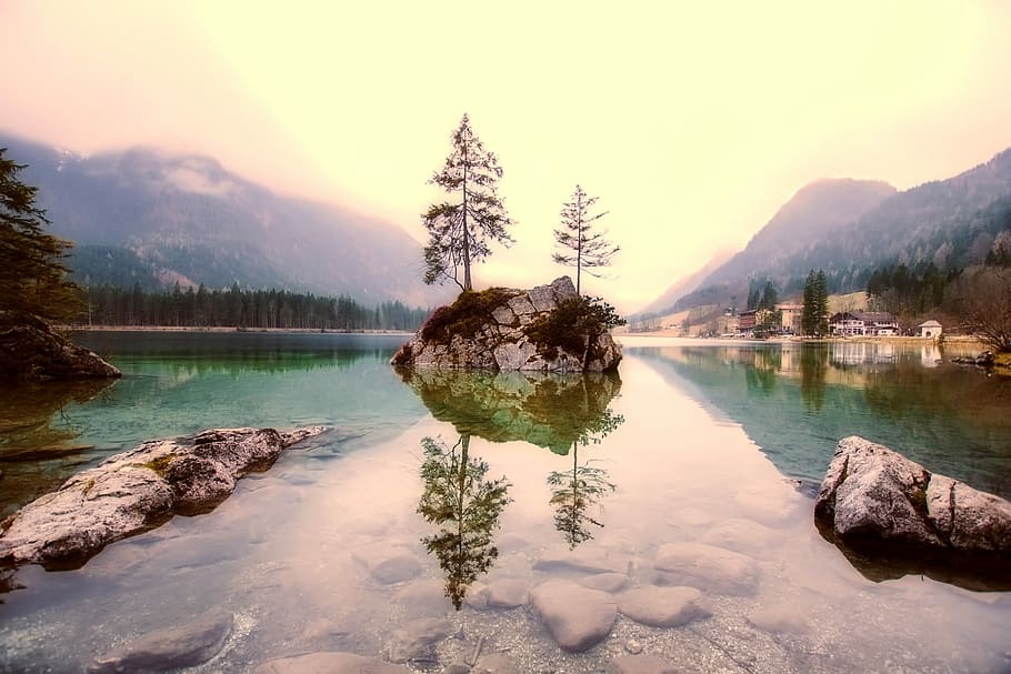rock at the middle of calm body of water, Germany, Lake, Reflections HD wallpaper