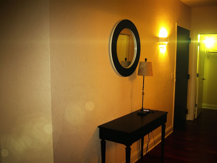 hallway, light, lens, optical, flares desk, wall, lamp, indoors HD wallpaper