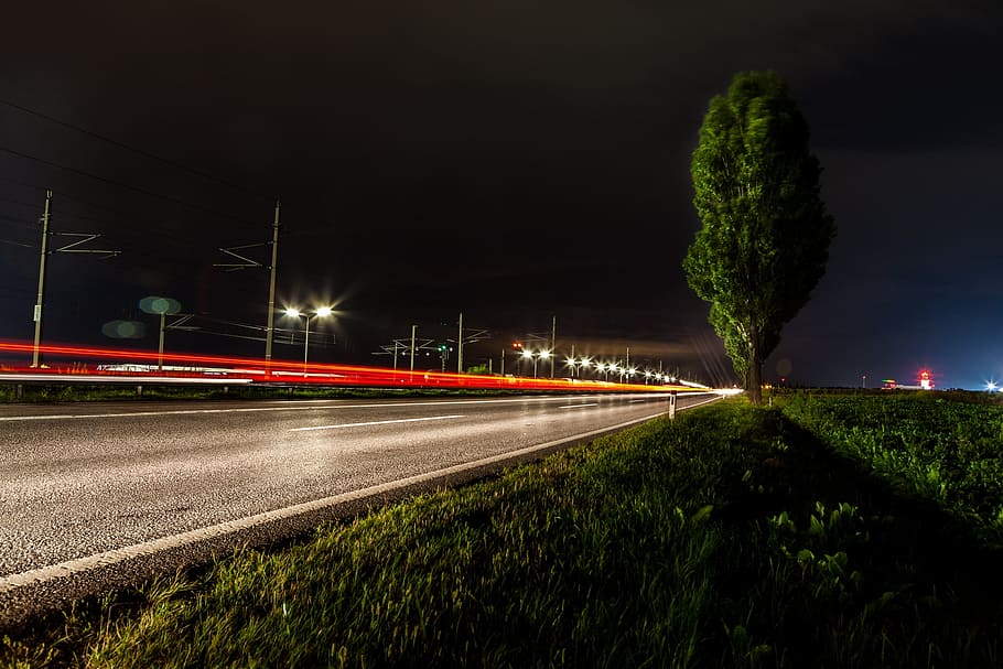 road, traffic, tracer, night, lights, lighting, long exposure HD wallpaper