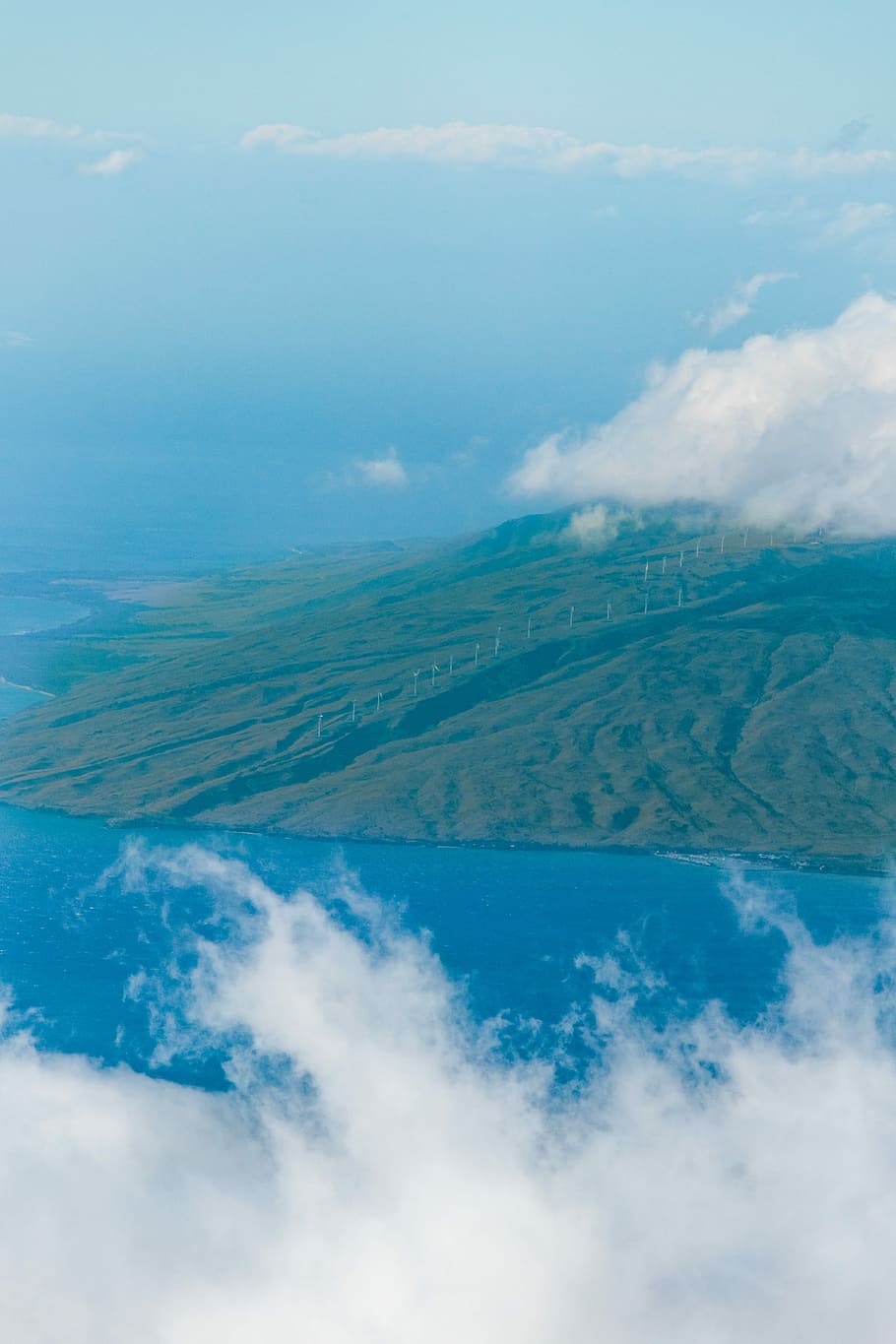 aerial photography of electric windmill on landform, aerial photography of forest HD wallpaper