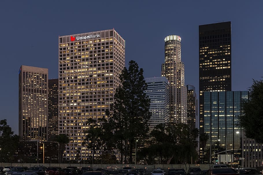 high-rise buildings during nighttime, los angeles, city, skyline, HD wallpaper