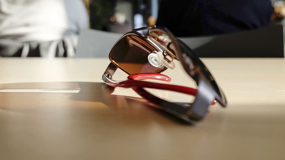 sunglasses, shades, table, wood, lens, indoors, shoe, adult HD wallpaper
