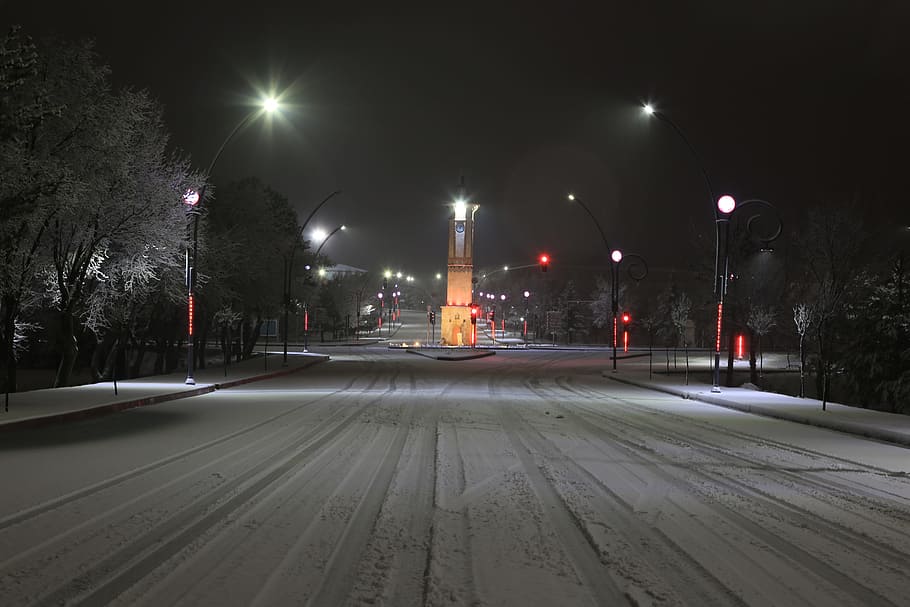 cumhuriyet university, clock tower, time, sivas, winter, snow, HD wallpaper