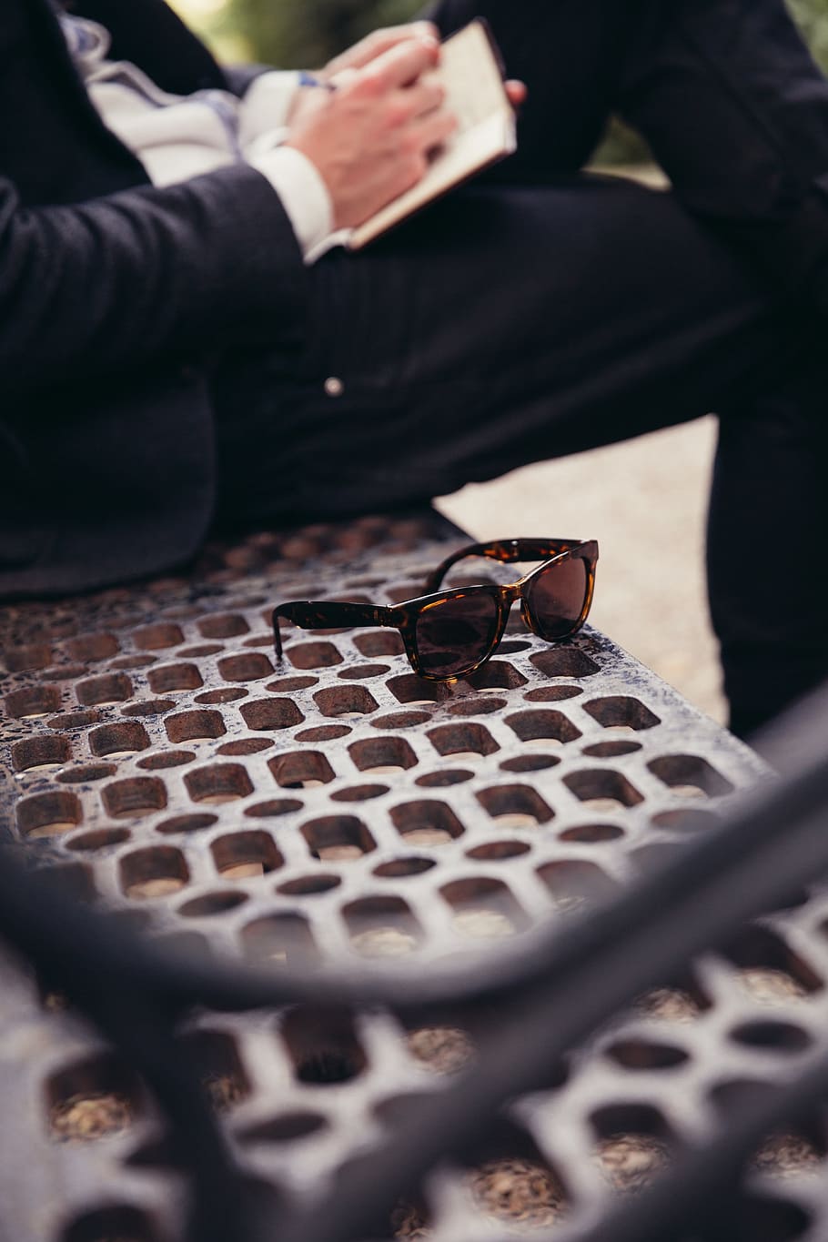 people, man, sitting, alone, steel, metal, bench, outdoor, sunglasses HD wallpaper