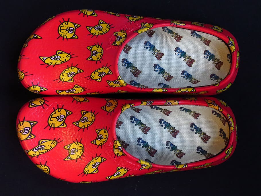 pair red-and-yellow slip-on shoes, slipper, clog, slippers HD wallpaper