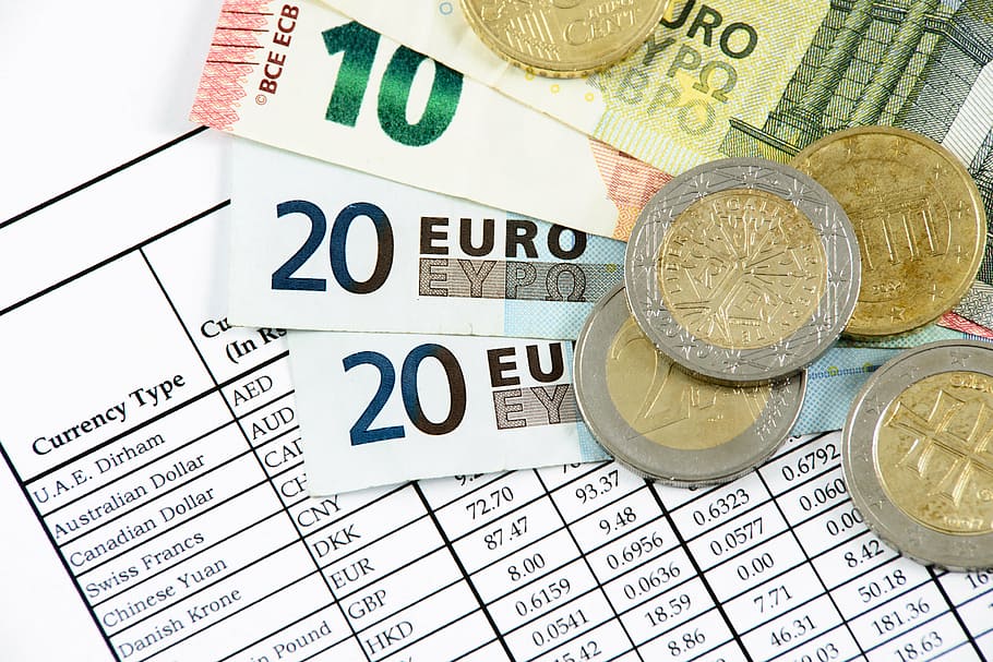 four 10 and 20 Euro banknotes and coins, european union, corporate tax makeover, HD wallpaper