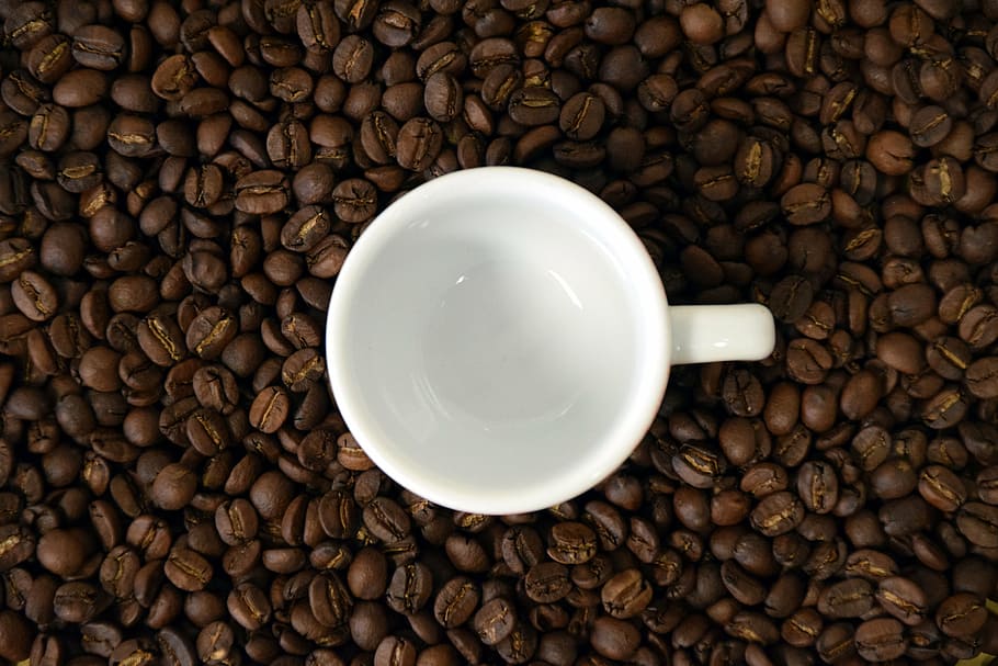 white ceramic mug, coffee, cup, coffee cup, coffee beans, empty cup HD wallpaper