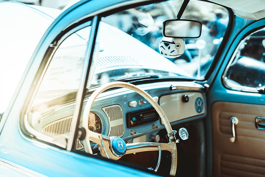 shallow focus photography of white car steering wheel, Baby Blue Bug, HD wallpaper