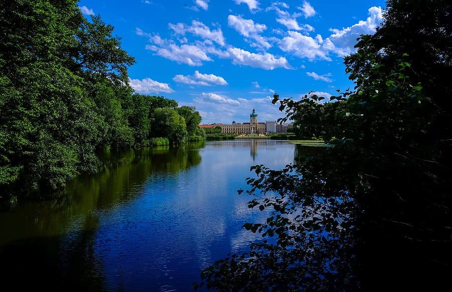water, clouds, trees, lake, blue sky, daylight, infrastructure HD wallpaper