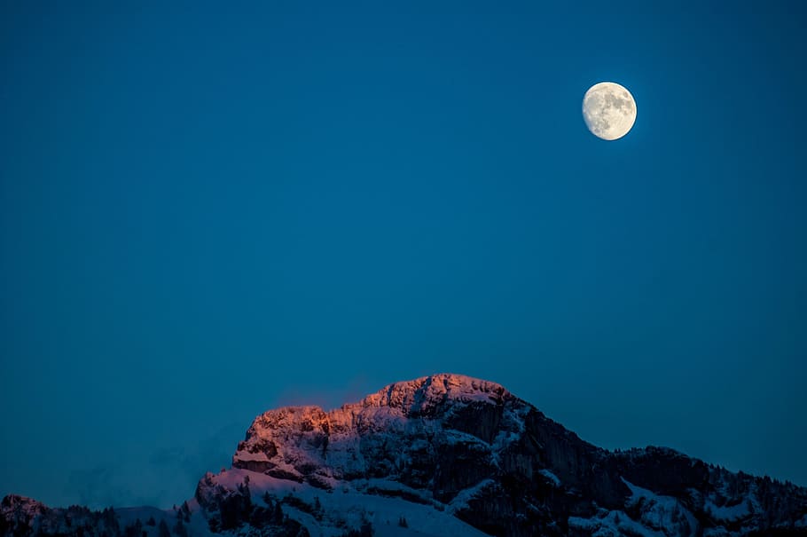 moon, mountain, sky, alps, landscape, winter, view, full moon HD wallpaper
