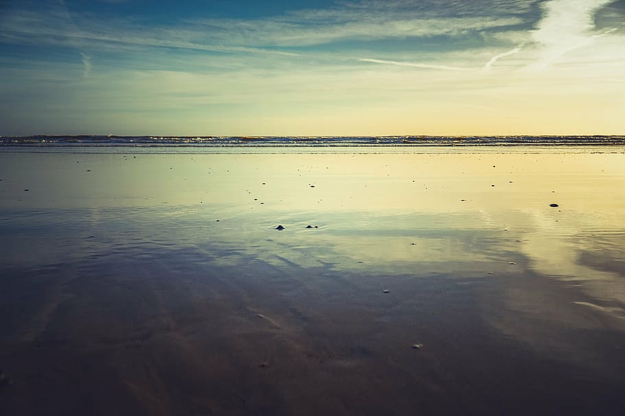 calm body of water, daytime, nature, beach, shore, sand, rocks HD wallpaper