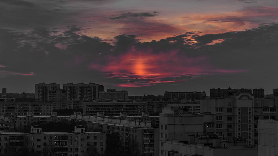 white concrete buildings during sunset, high-rise buildings taken during golden hour HD wallpaper