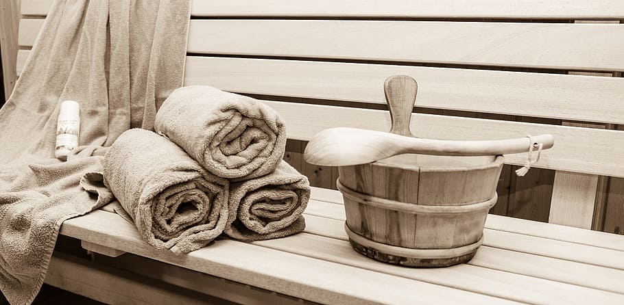 wooden bucket on bench, sauna, relaxation, sweating bath, wood sauna, HD wallpaper
