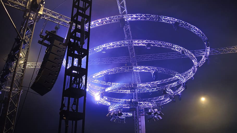 round gray stage light holder, event, light effects, night HD wallpaper