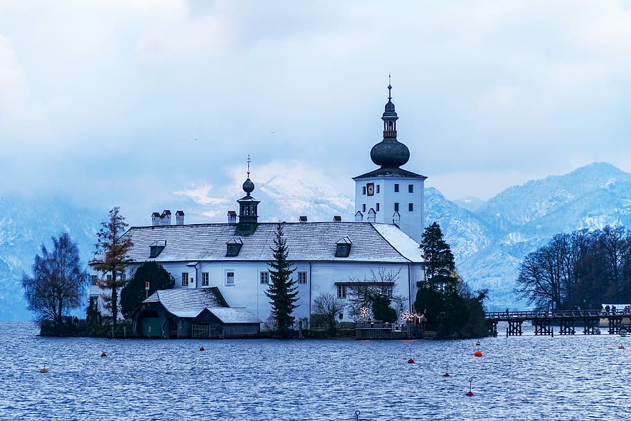 landscape photography of house near trees, castle, lake, winter HD wallpaper
