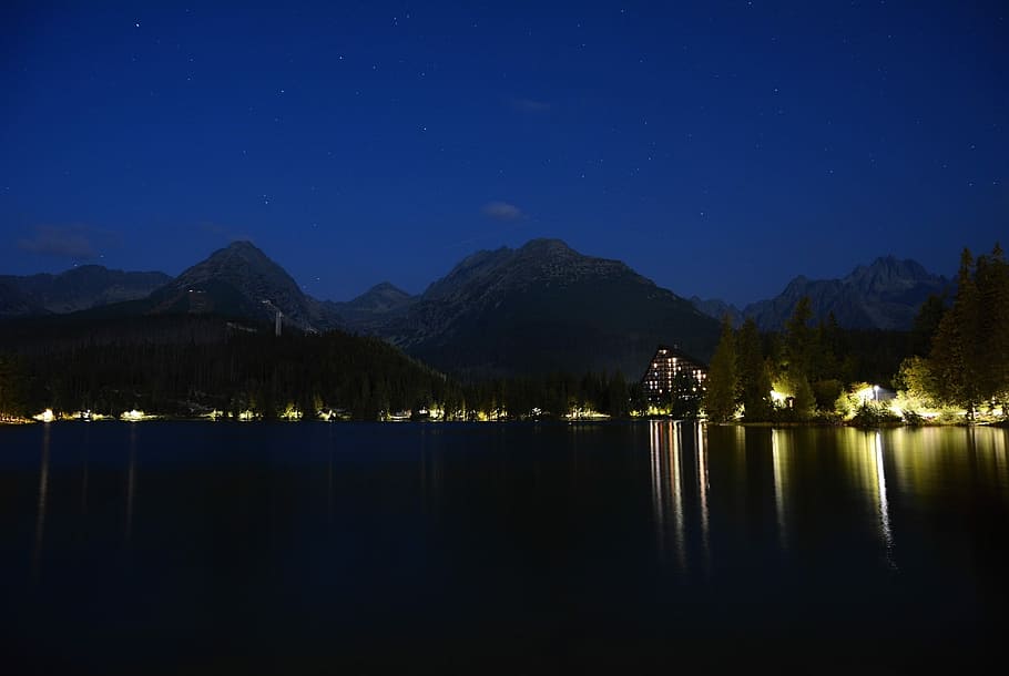 Mountain, Peak, Strbske, Pleso, Water, lake, night, light, lights, HD wallpaper