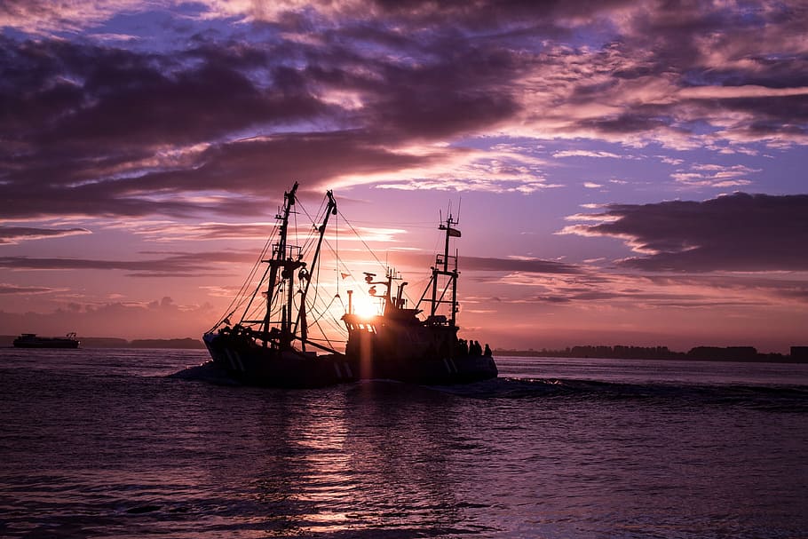 waters, sea, sunset, ship, transport system, ocean, boot, dawn HD wallpaper