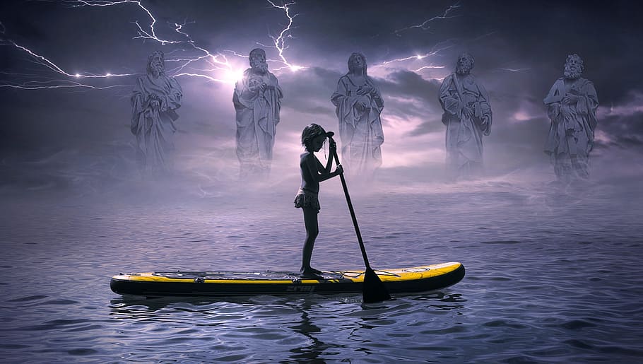 yellow and black boat, fantasy, boot, water, statues, figures, HD wallpaper