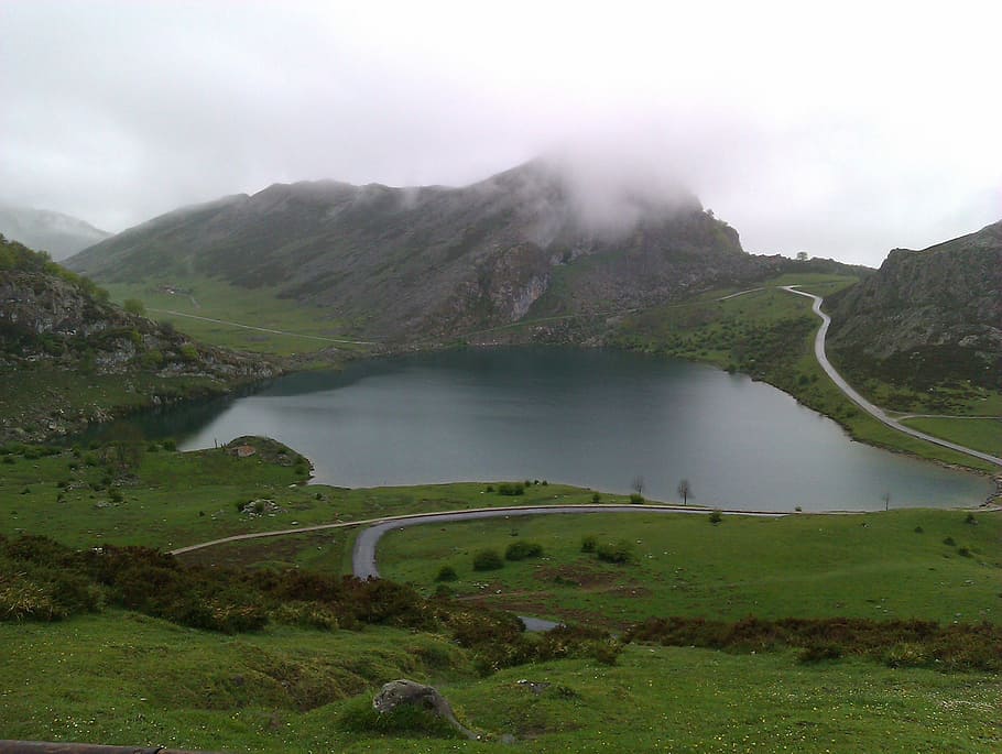 mist, mountain, winter, lake, asturias, mountains, clouds, rain HD wallpaper