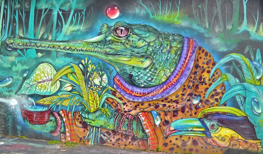 alligator, legends, street art, urban art, spray, amazon, rain forest, HD wallpaper