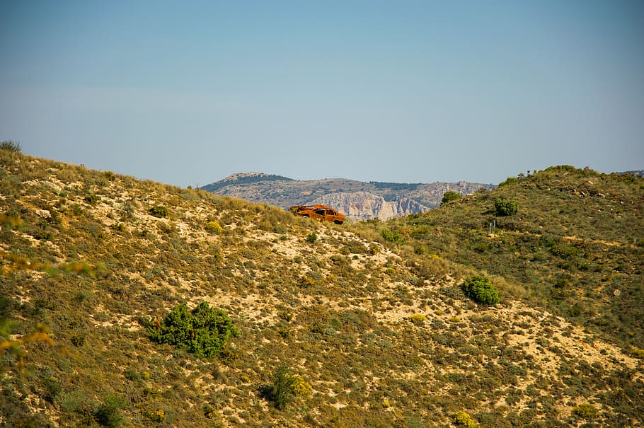 scrap, mountain, old car, oxide, sky, plant, scenics - nature HD wallpaper