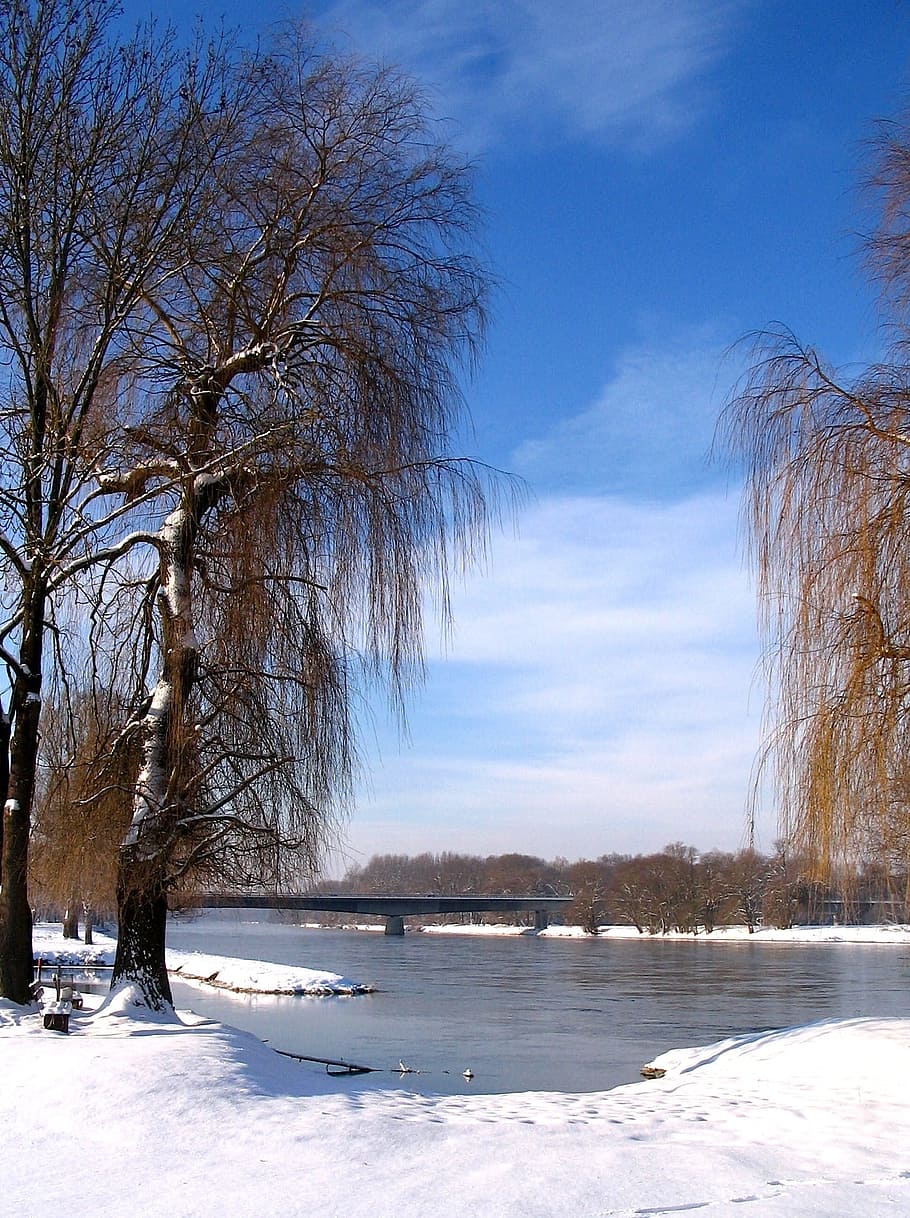 Landscape, Winter, Snow, Ice, Bridge, river, water shoreline HD wallpaper
