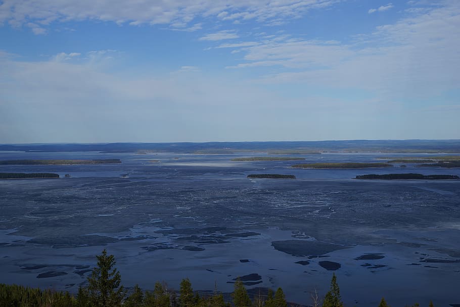 lake, ice, island, spring, blue, water, nature, landscape, sky HD wallpaper