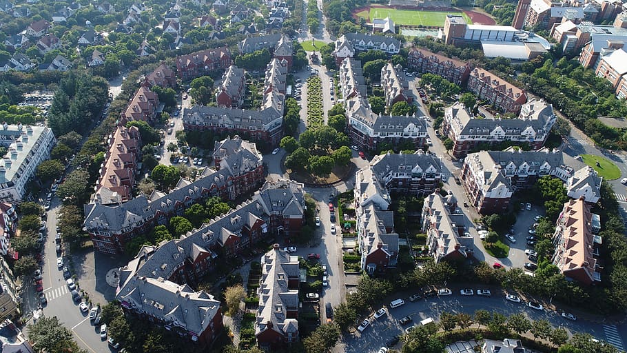 aerial, small town, built structure, architecture, building exterior HD wallpaper