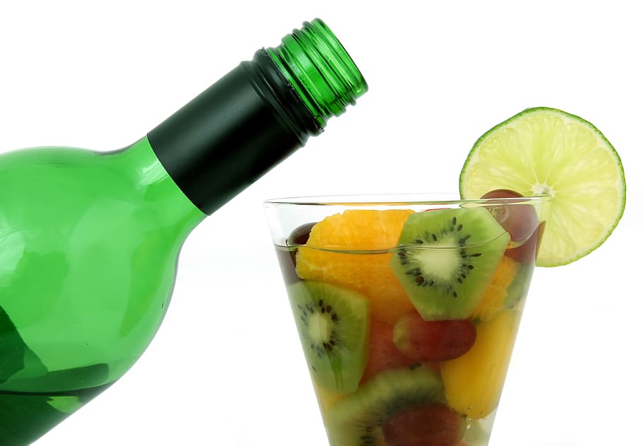 fruits in glass beside bottle, alcohol, bar, champagne, closeup, HD wallpaper