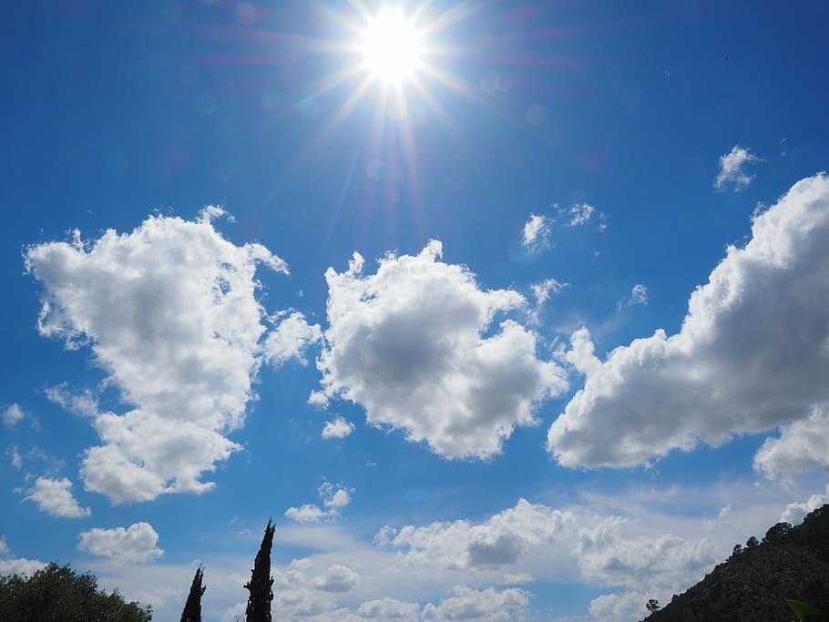 clouds, sky, blue, white, summer day, sunny day, sunbeam, beautiful day HD wallpaper