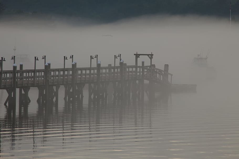 gray bridge above body of water, untitled, peer, dock, mist HD wallpaper