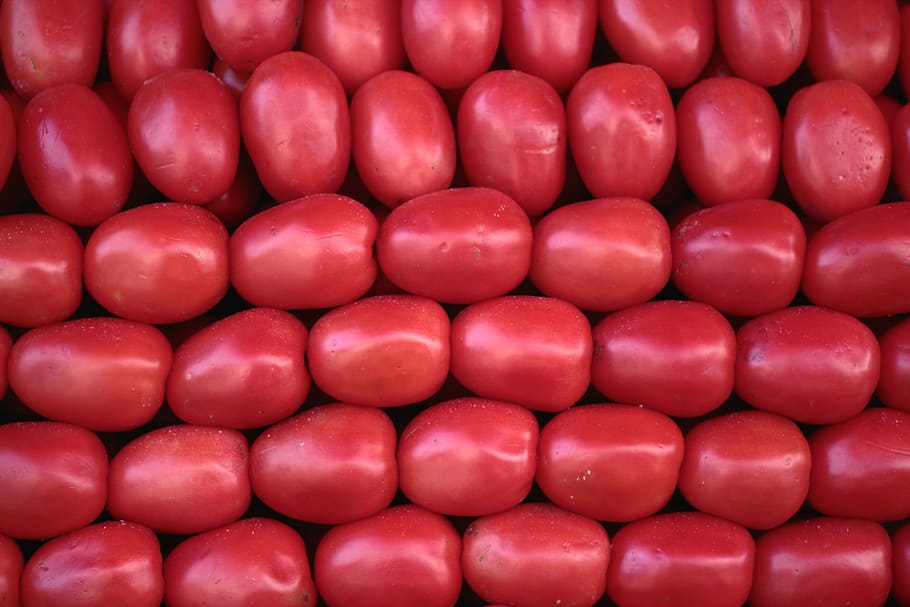 red tomatoes, pile of red fruits, stall, cherry tomato, vegetable HD wallpaper